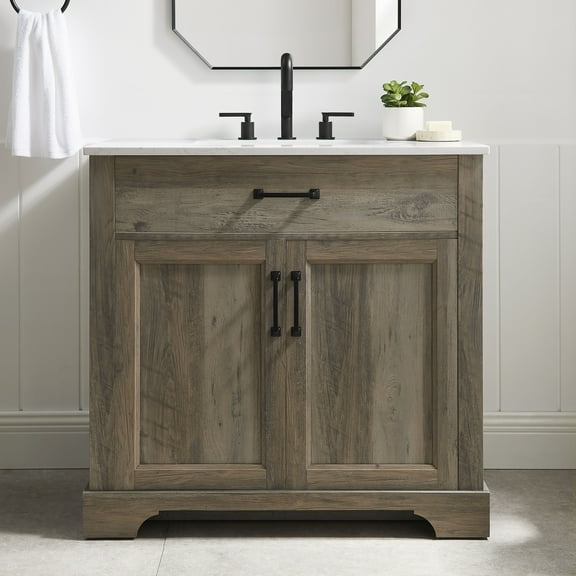 BridgePoint Home Mia 36" Single Sink Bathroom Vanity in Brown Grey Oak with White Stone Top
