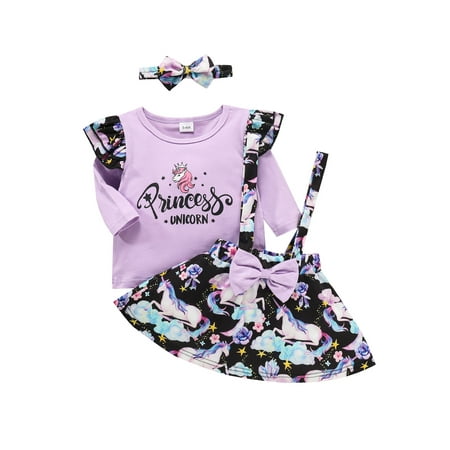 

Sunisery Autumn Infant Baby Girls Clothes Letter Floral Printed Romper and Suspender Skirt with Headband Set Purple 18-24 Months
