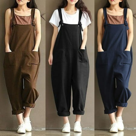 - Women's Casual Loose Linen Pants Cotton Jumpsuit Strap Harem Trousers Overalls