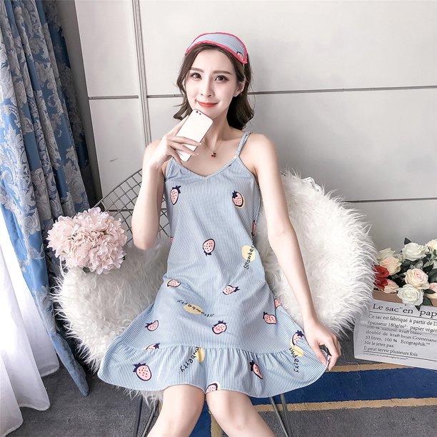 Summer Lady Milk Silk Padded Sleepwear Eye Cover Set Sling Nightdress  Nightgown Loose Cute Printed One Piece Home Wear Loungewear 