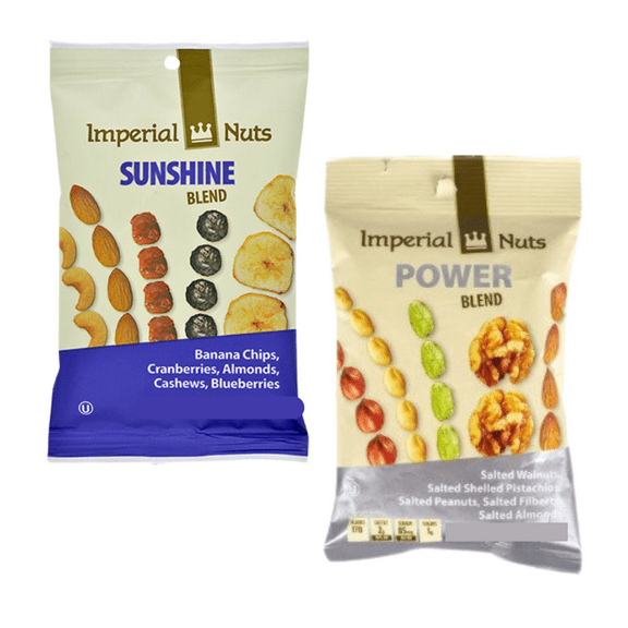 Imperial Nuts Snack Packs Include 1 Power Blend and 1 Sunshine Blend Great On-The-Go Snacking Camping Picnics Travel Halloween Trick or Treats and Christmas Stocking Stuffers 2.25 oz Pack of 2