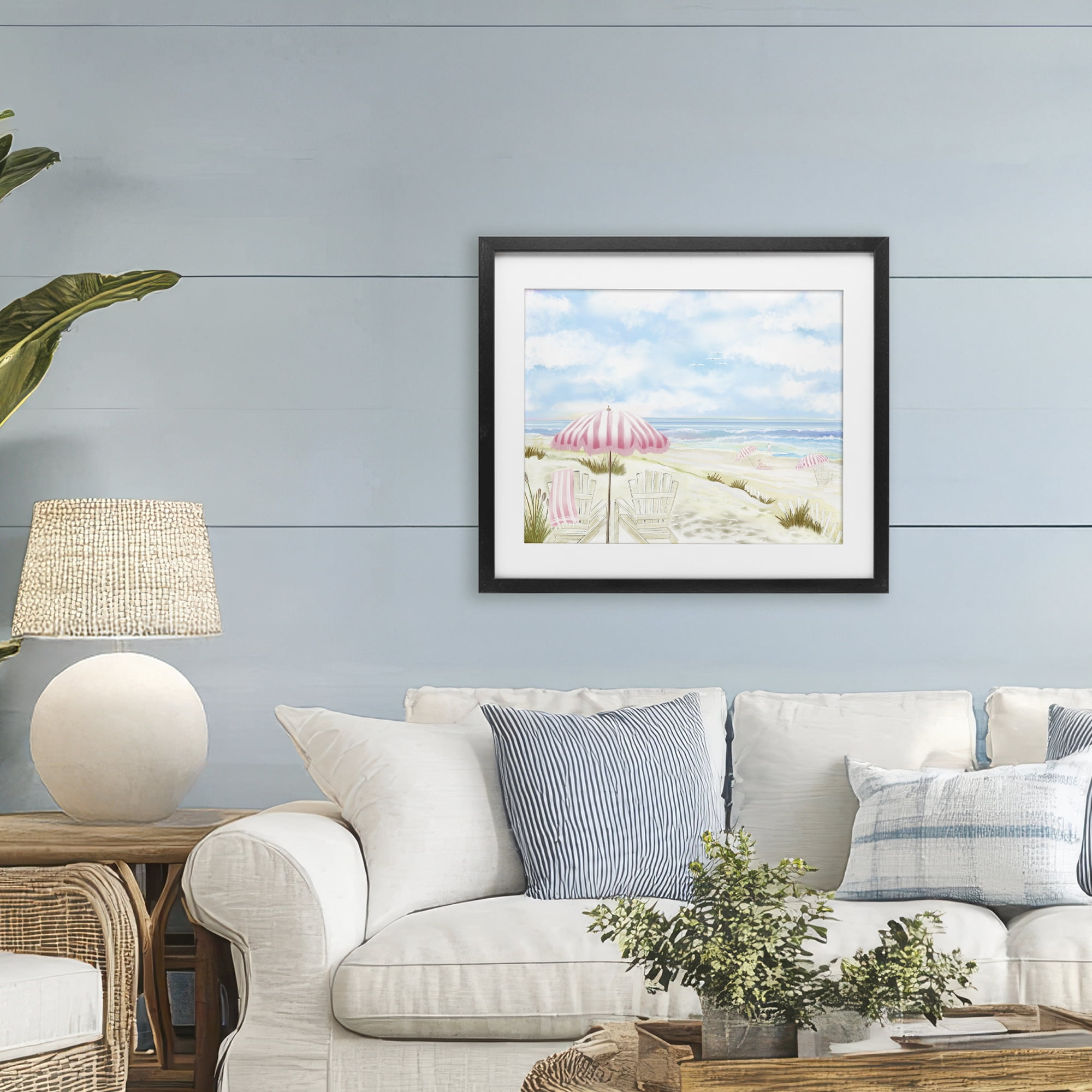 Seascape with Pink Umbrella Black Framed Print Under Glass, design by Lori Mosley