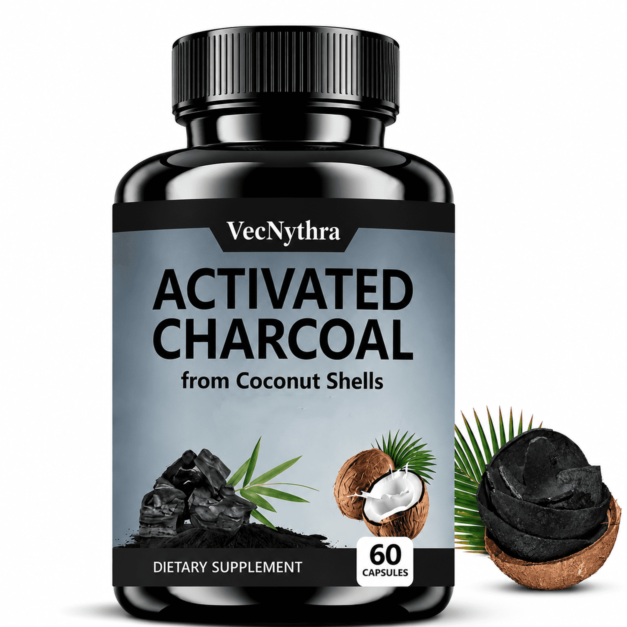 VecNythra Activated Charcoal Dietary Supplement Capsules for General Wellness, 200 mg, 60 Count