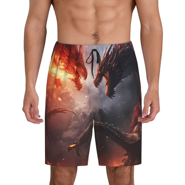 Balery Fire Sky Dragon Pantalones cortos de pijama de punto de algodón para hombre con cinturilla y bolsillos-Small