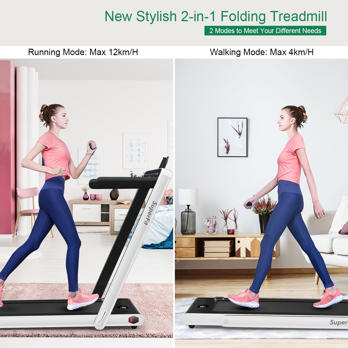 Gymax 2 in 1 Folding Treadmill 2.25HP Running Machine w/ Dual Display White