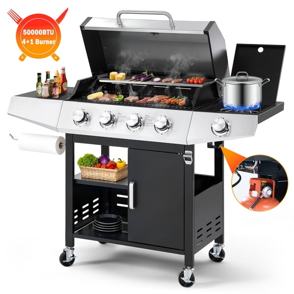 Segmart 4 Burner BBQ Propane Gas Grill with Side Burner, Stainless Steel 50,000 BTU Patio Barbecue Grill with Shelf, Gas Tank Hook, Towel Rack & Bottle Opener, Fits for Camping, Outdoor Cooking