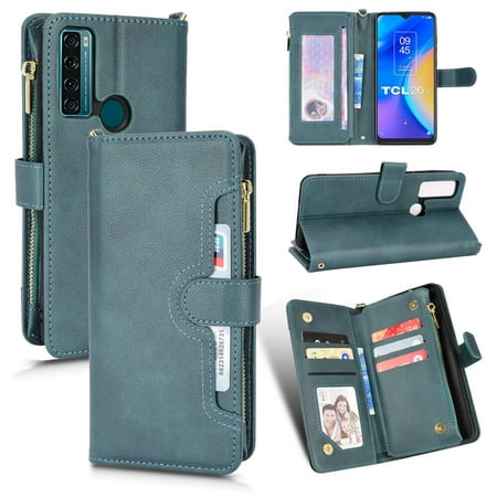 Case for TCL 20 SE Cover Zipper Magnetic Wallet Card Holder PU Leather Flip Case - Green