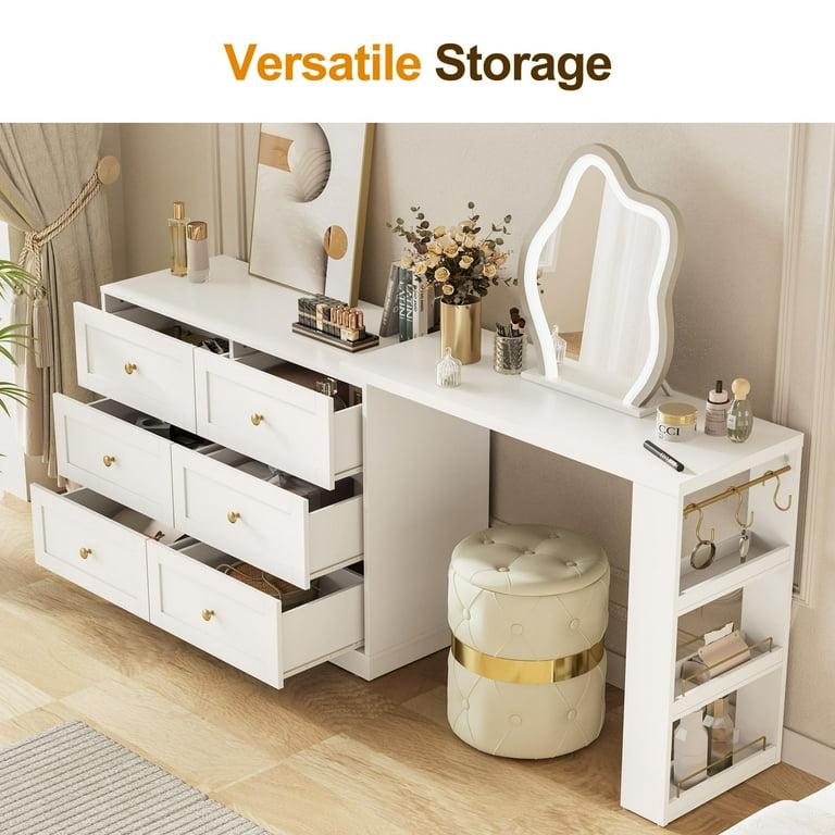 RoyalCraft 6 Drawer Dresser and Vanity, Extendable Corner Vanity Desk and Dresser Combo with 3 Side Shelves, Wood Dressing Table for Bedroom, Dressing Room, White - Walmart.com RoyalCraft 6 Drawer Dresser and Vanity, Extendable Corner Vanity Desk and Dresser Combo with 3 Side Shelves, Wood Dressing Table for Bedroom, Dressing Room, White - Walmart.com