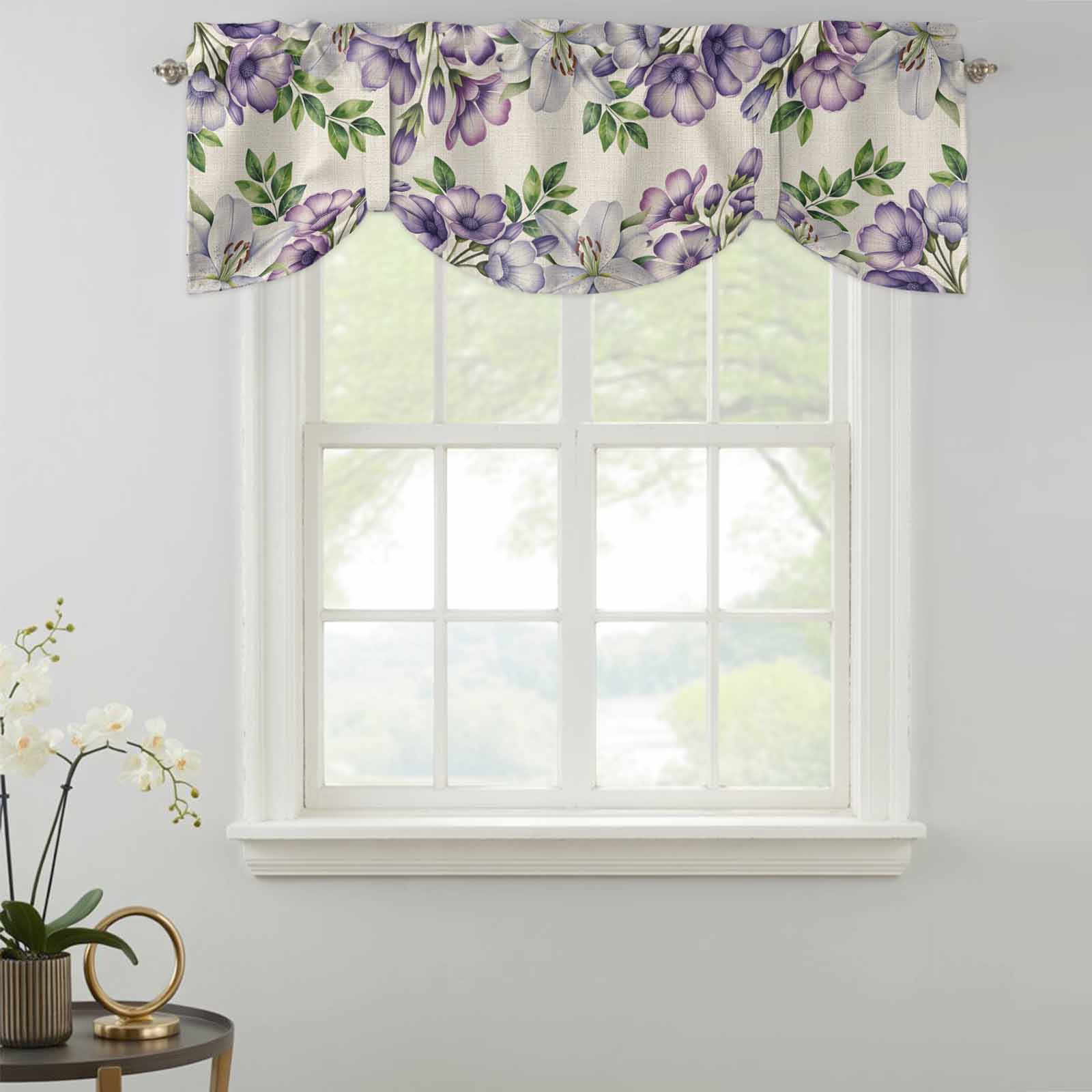 Purple White Flowers Tie Up Valance for Windows, Spring Plants Green Leaf Watercolor Linen Texture Adjustable Rod Pocket Tie Up Valance Curtains for Kitchen Bathroom Bedroom 60 X 18 Inch