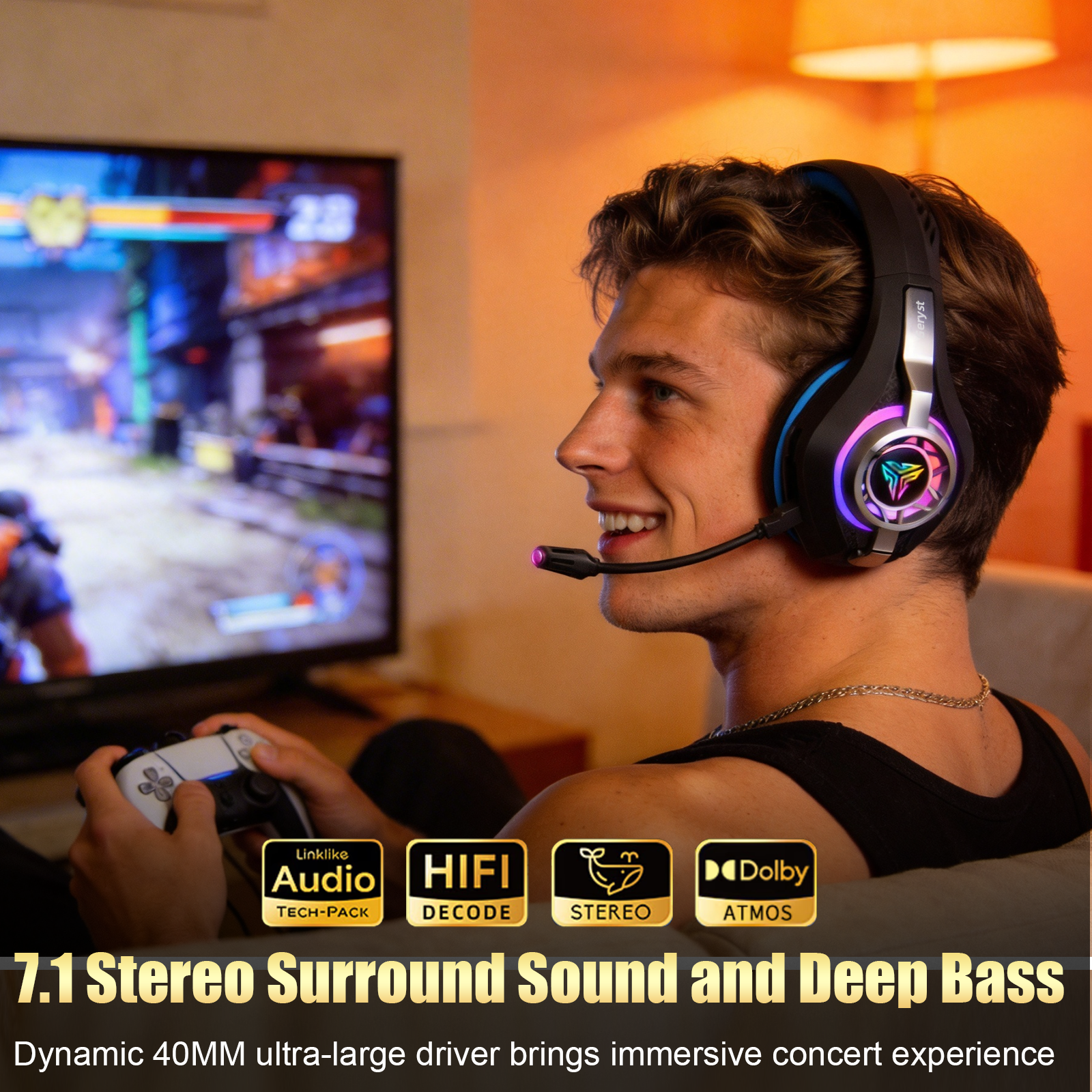 2.4GHz Wireless Gaming Headset for PS4/PS5/Xbox/Switch/PC, Bluetooth Over Ear Headphones with ENC Noise Cancelling Mic,7.1 Stereo Surround Sound, 40mm Drivers, RGB Light, 45H Battery Gaming Headphone