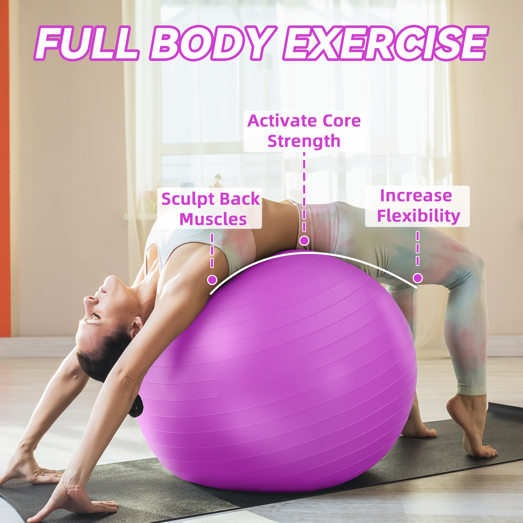 FlexWave 85cm Anti-Burst Yoga Ball with Textured Stripes, Exercise Stability Ball for Fitness, Pregnancy & Physical Therapy, 4 Colors Available