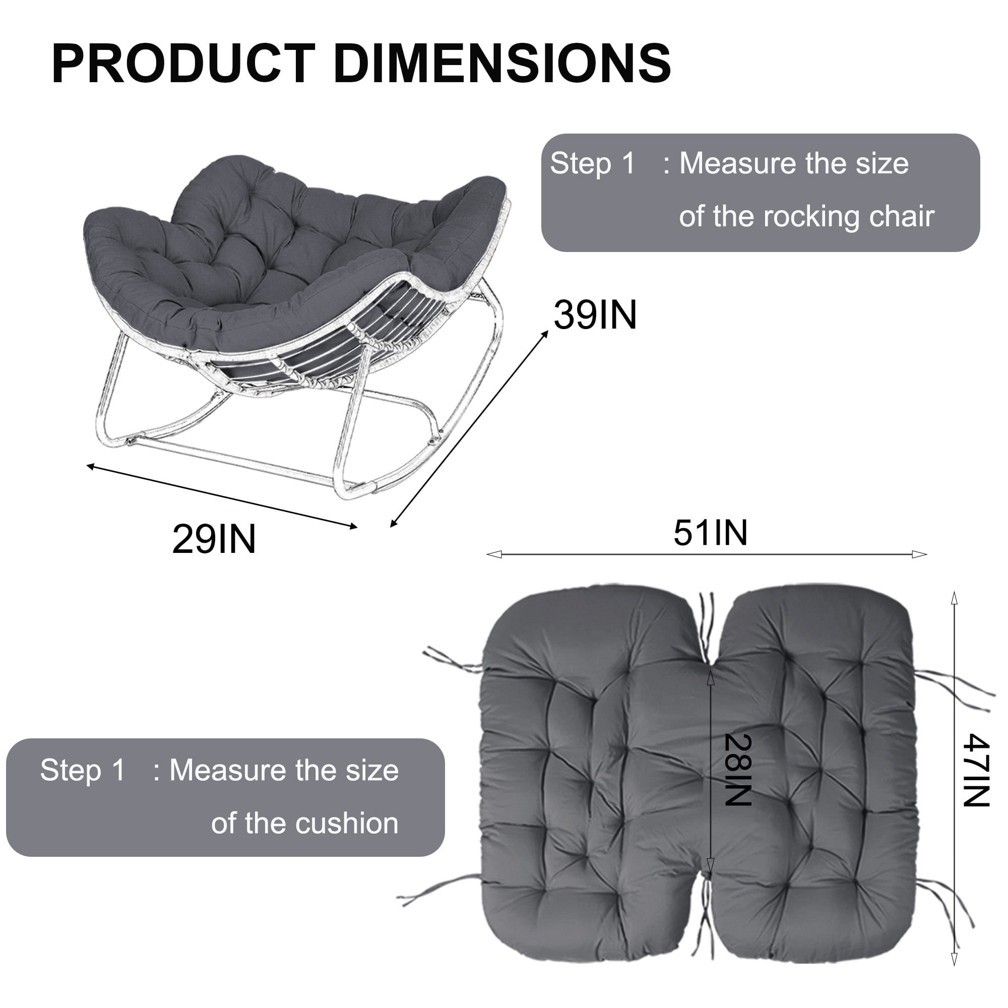 Outdoor Rocking Chair Cushions 6.3" Thick, Waterproof Papasan Chair Cushion, Fade-Resistant Patio Egg Lounge Chair Cushions for Indoor Outdoor Garden, Porch, Balcony