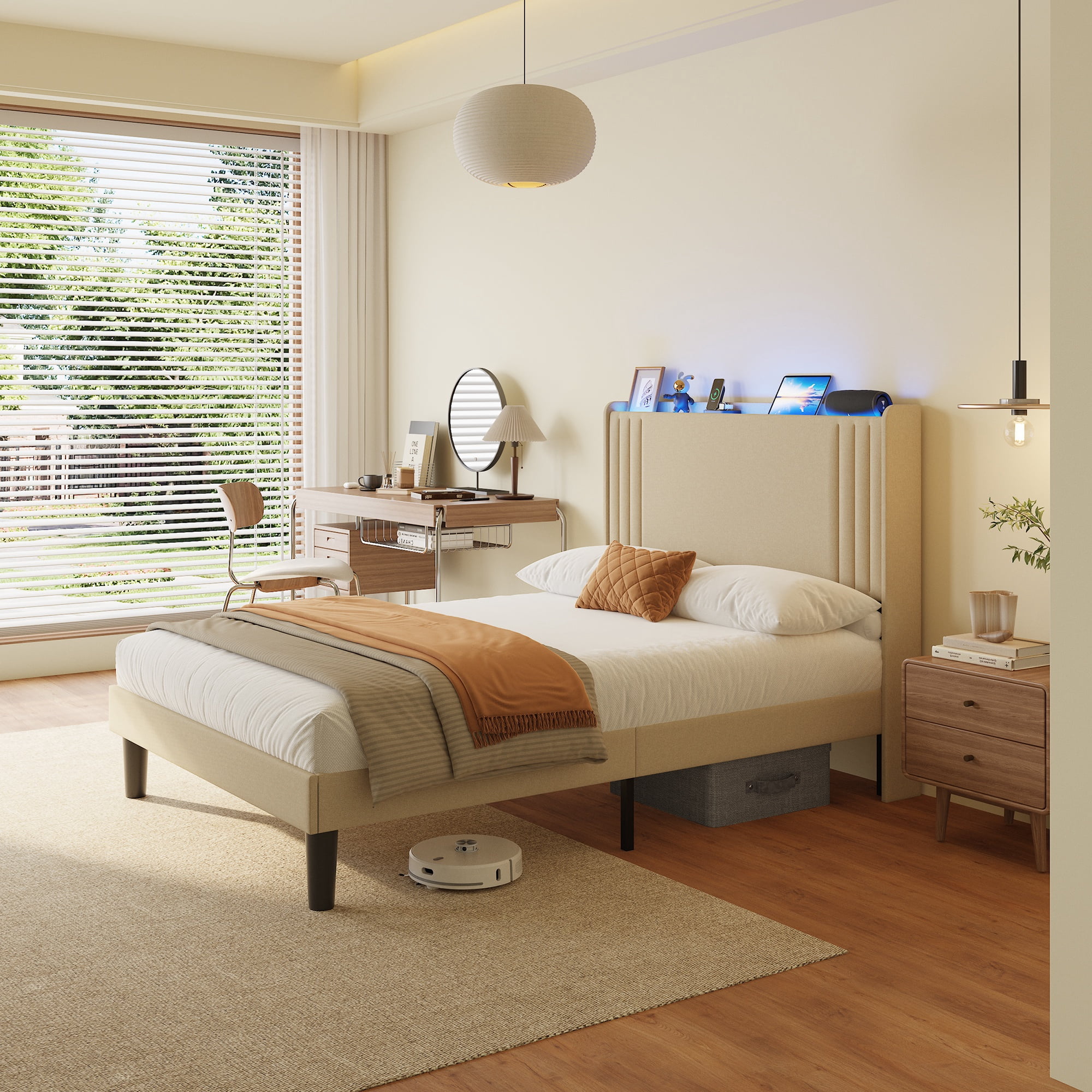 Asofer Full Bed Frame w/Upholstered Wingback, Wood Slats, Charging Station & LED Lights, Beige