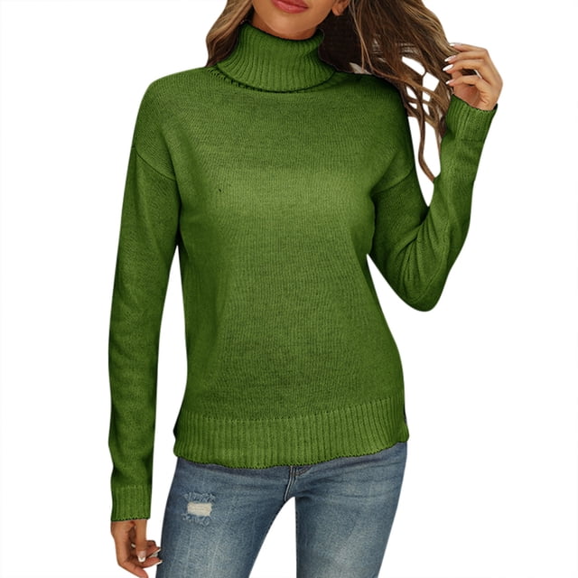 Gibobby SuéTer Para Mujer Suéter de cuello Suéter de punto de manga larga con temperamento básico sólido para mujer(Verdemilitary,G)