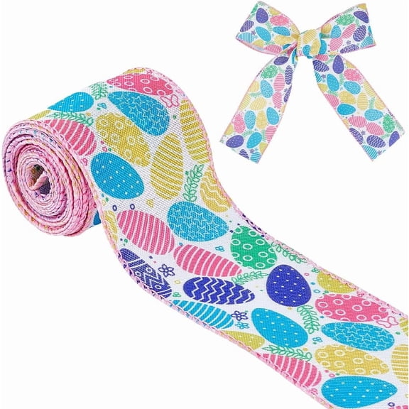 10 Yards Easter Theme Ribbon 2.5 Inch Egg Wired Edge Ribbons Farmhouse Flower Grass Dot Printed Decoration for Easter Wrapping Wreath Decor DIY Craft Hair Bows Baskets