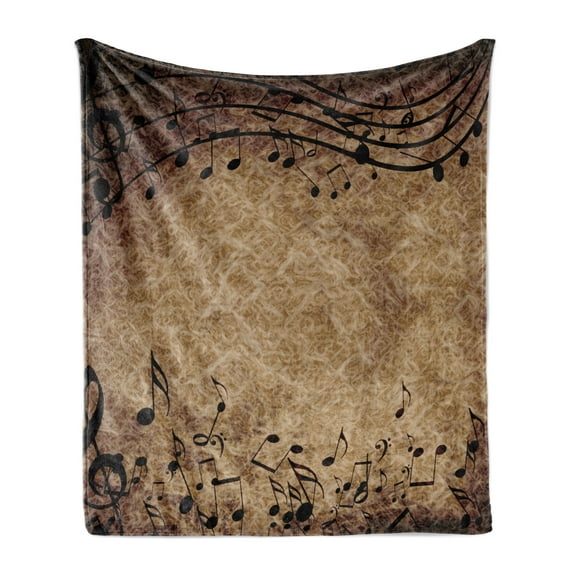 Music Soft Flannel Fleece Throw Blanket, Random Musical Notes on Wavy Staff with Woolly Looking Rustic Background, Cozy Plush for Indoor and Outdoor Use, 50" x 60", Yellow Black Brown, by Ambesonne