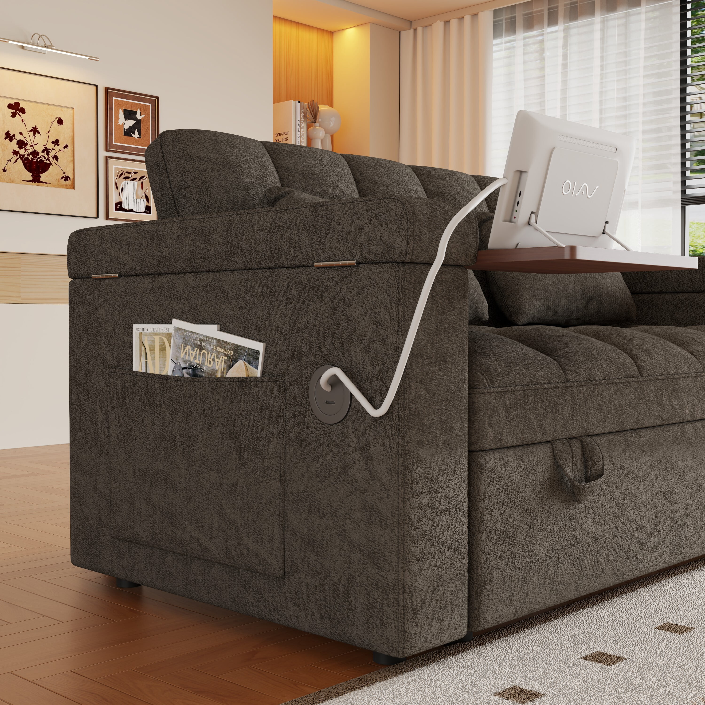 avobird 65'' 3 in 1 Convertible Sleeper Sofa Bed, Pullout Sleeper Sofa with Hidden Side Table/Charging port/Hidden Storage, Modern Futon Sofa for Apartments, Dark Gray