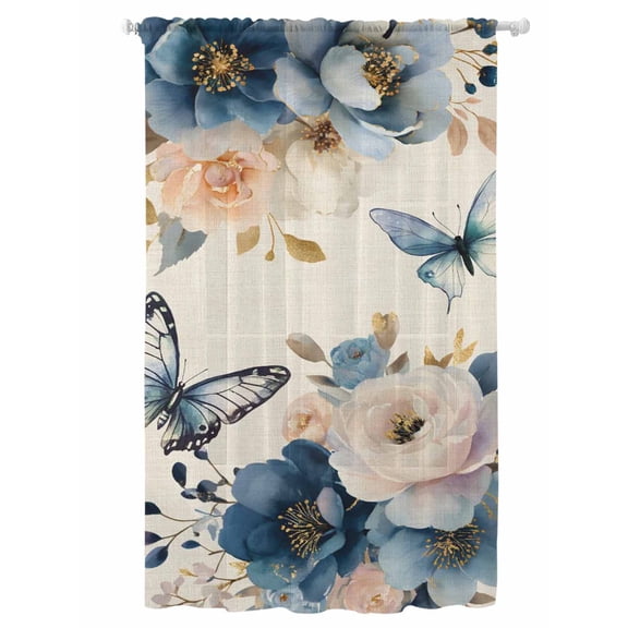 Sheer Curtains 108 Inches Long, Vintage Blue Floral Semi Sheer Curtains Light Filtering Window Treatment, Butterflies Watercolor Flower Linen Privacy Voile Drapes for Living Room Bedroom 52x108 Inch