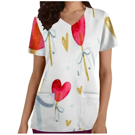 

CYMMPU Women s V-Neck Pocketed Scrub_Tops Nurse Workwear Uniform Clearance Going out Tops Summer Tees Short Sleeve Shirts Trendy Valentine s Day Tunic Love Heart Printing Fashion Tshirts Red S
