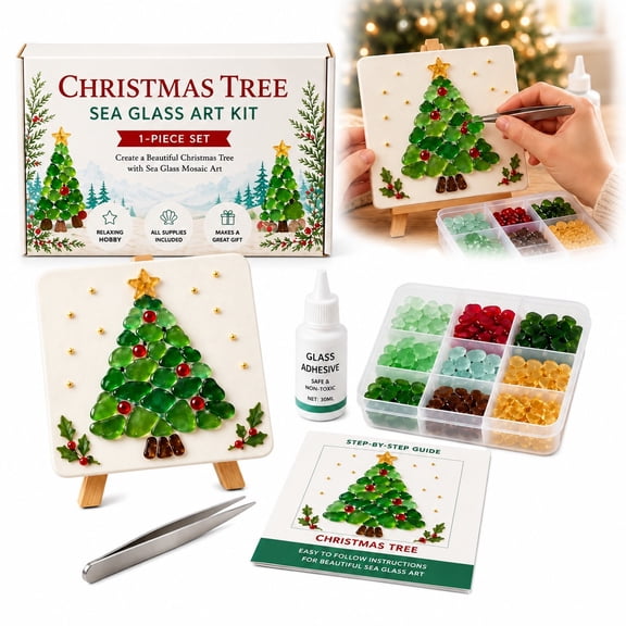 Christmas Sea Glass Art Kit, DIY Mosaic Craft Set for Holiday Decor, Translucent Glass Mosaic Pieces for Beginners, Christmas & Halloween Crafts
