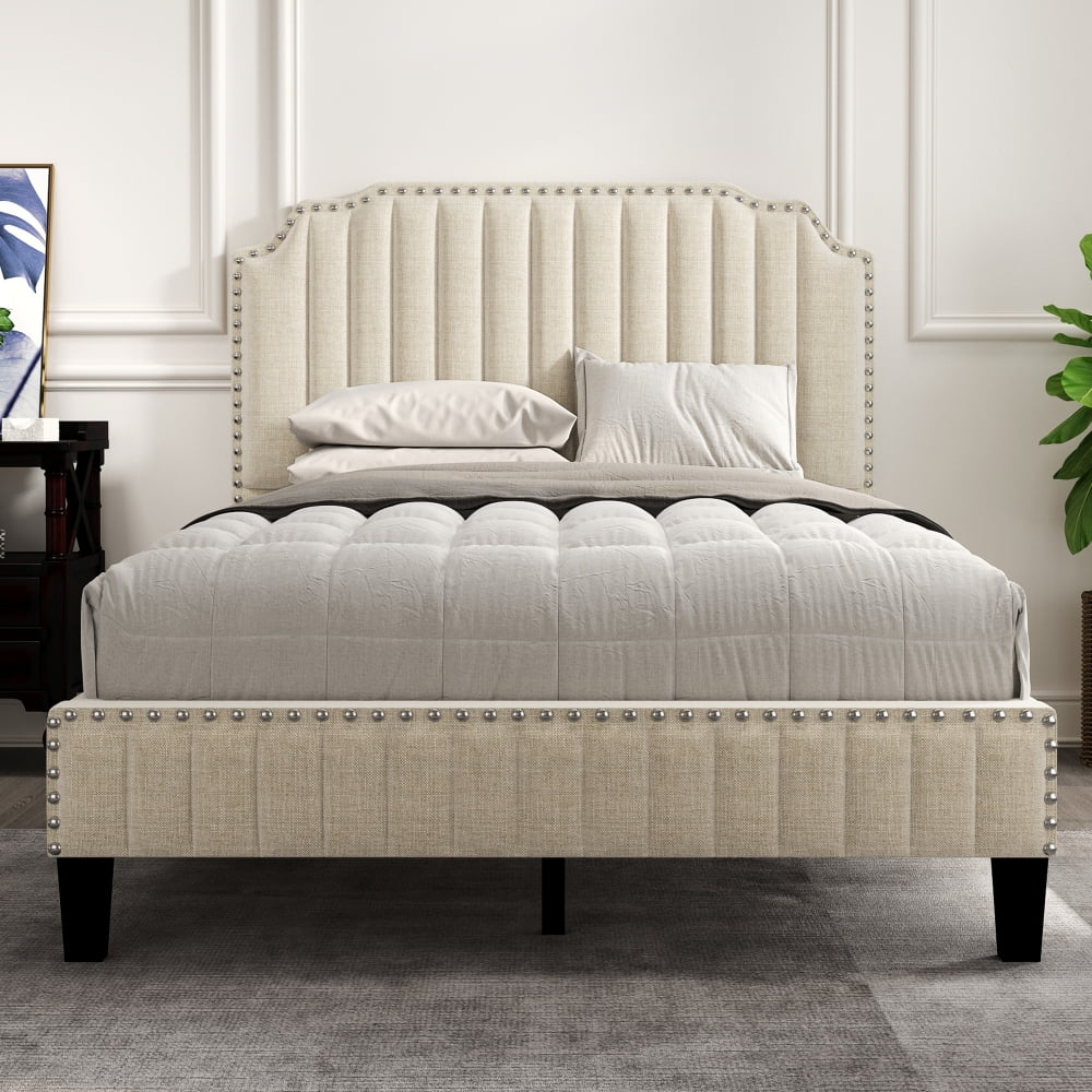Full Size Upholstered Platform Bed,Solid Wood Bed Frame with Tapered
