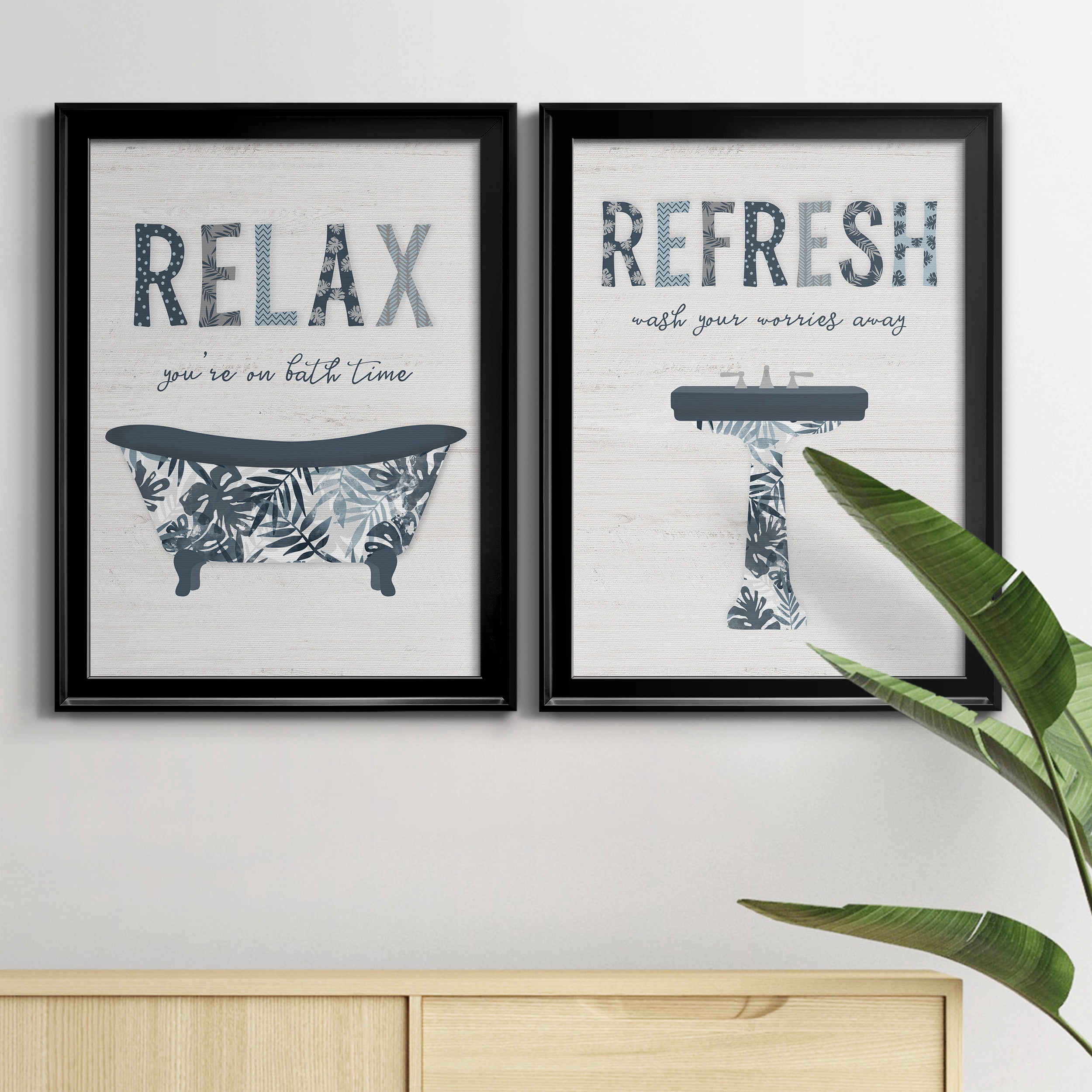 2 Piece Set Palm Bath I Premium Framed Canvas - Ready to Hang - 18.5 x 24.5 Each - Black Frame