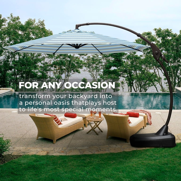 GRAND Patio 11 ft Aluminum Cantilever Offset Patio Umbrella with Tilt & Rotation, Polyester Fabric, Polyethylene Base with Wheels, Stripes GRAND Patio 11 ft Aluminum Cantilever Offset Patio Umbrella with Tilt & Rotation, Polyester Fabric, Polyethylene Base with Wheels, Stripes