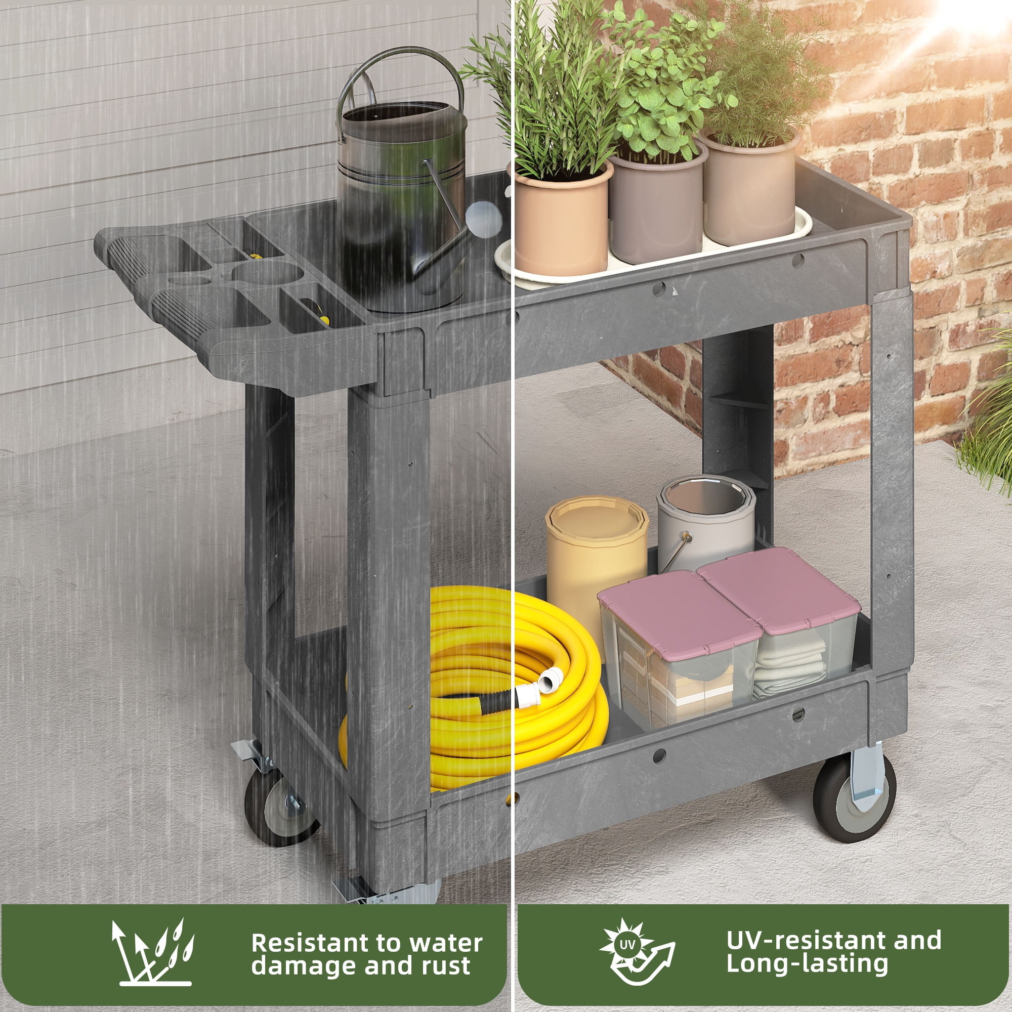 Uforic Heavy-Duty Plastic Utility Cart - 550lbs Capacity, 2-Tier Rolling Storage Organizer with Deep Shelves for Warehouse and Garage, Gray