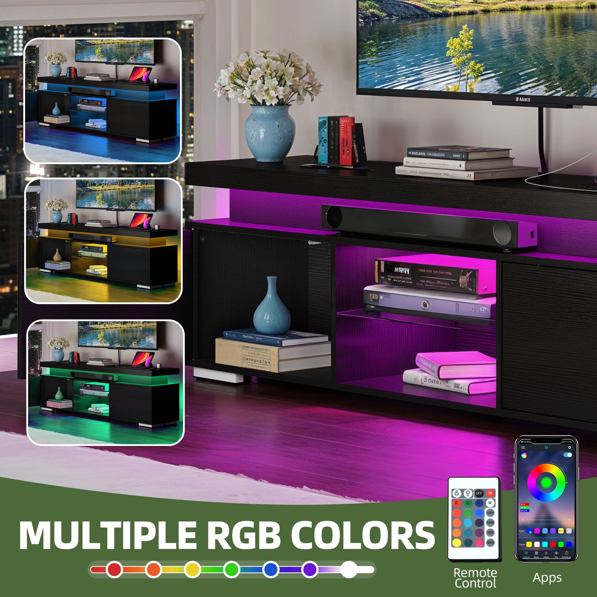 Uforic TV Stand for 65 inch TV with LED Light, Modern Entertainment Center TV Console Media Cabinet, Black