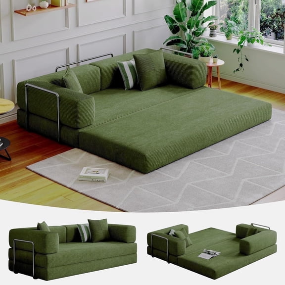 DILORA Convertible Sleeper Sofa Bed,Compressed Floor Boneless Couch,Modular Modern Corduroy Sofa for Living Room Bedroom,Easy Assembly(Green)78.8''