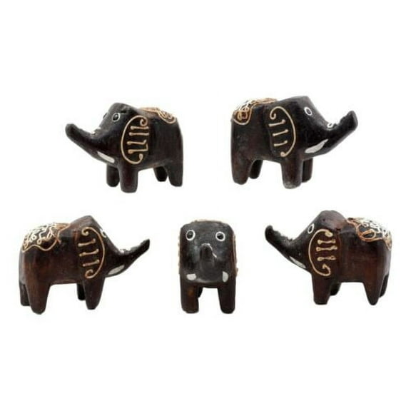 Balinese Wood Handicrafts Carved Jungle Elephant Miniature Figurines Set 2.5"L
