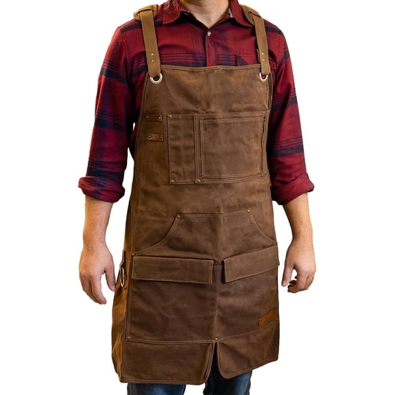 16oz Heavy Duty Waxed Canvas Work Apron, Water-Resistant Shop Apron with Pockets for Woodworking, Welding, Grilling & Workshop