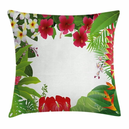 Anthurium Leaf - Leaf Throw Pillow Cushion Cover, Hibiscus Plumeria Crepe Gingers Anthurium Leaves Frame Image Print, Decorative Square Accent Pillow Case, 20 X 20 Inches, Hot Pink White Red and Green, by Ambesonne