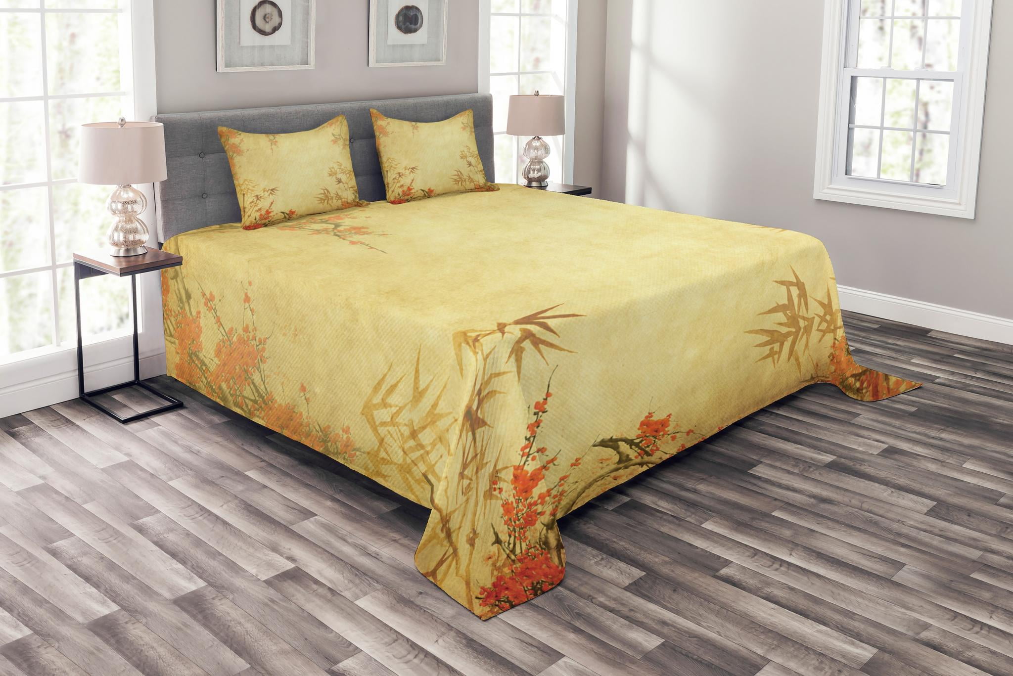 Bamboo Bedspread Set, Bamboo Stems and Blooming Flower Antique Grunge