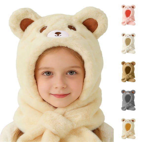 BXJX Girls Plush Hats, Windproof Warm Skiing Hood Scarf Winter Hat for Kids Beige Size Free Size