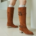thumbnail image 5 of Brown Women Boots With Belt Buckle Suede Material Chunky Heel Brown For Fall Winter Fashion, 5 of 7