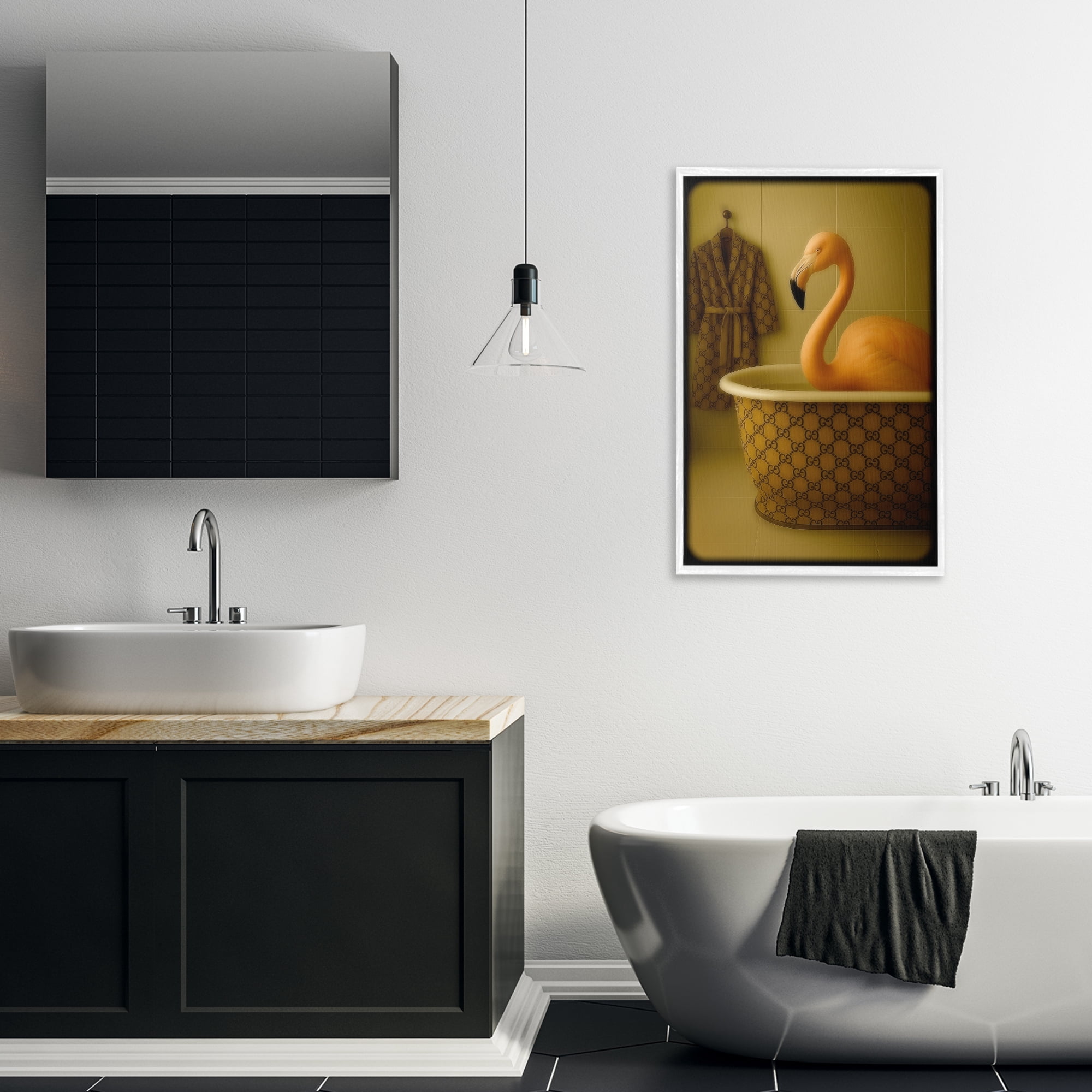 Stupell Industries Couture Flamingo in Luxury Tub White Framed Giclee Art, design by Grotto Studios