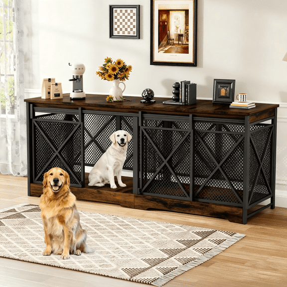 Fowroa 78 Inch Wooden Double Dog Crate Furniture with Divider, Indoor Kennel Table for 2 Large Dogs Brown