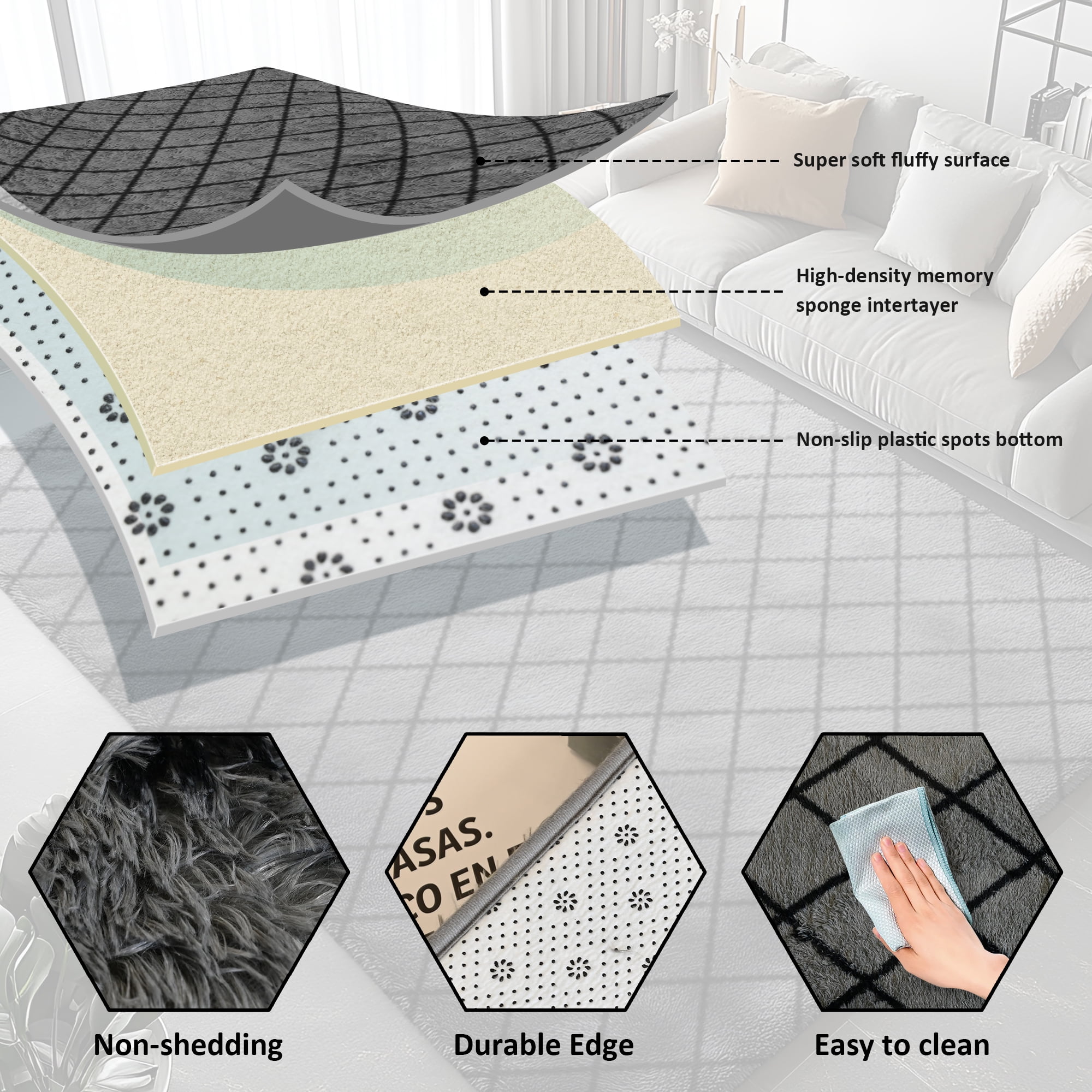 Pentantan Shag Area Rug, 5’ x 8’ Grid Soft Fluffy Indoor Rugs for Living Room Bedroom Carpet, Gray & Black