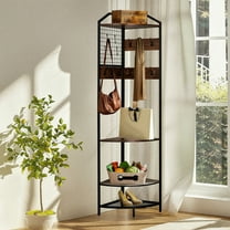 Corner Coat Rack with Bench & Shoe Storage, 4-Tier Hall Tree Organizer with 14 Metal Hooks and Clothes Rod, Freestanding Entryway Rack for Hallway, Bedroom, Living Room