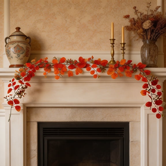 Kyusrd Fall Decor for Home,Artificial Fall Garland Orange Red Leaves For Thanksgiving Decor
