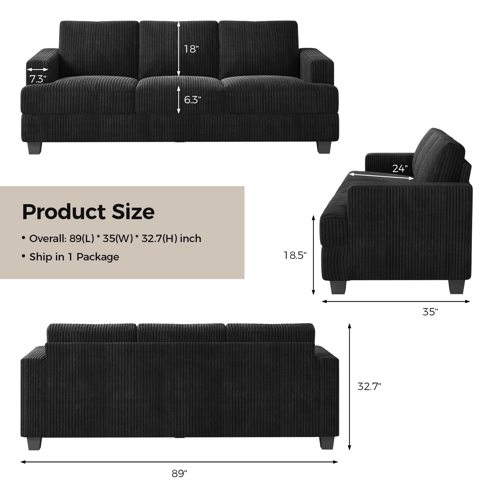 BLAZANT 89" Extra Deep Seats Oversize, Wide Corduroy Fabric 3 Seater Sofa for Living Room, Modern Couch and Sofa, Comfy Armrests and Seats and Backrests, Easy Installation,Black