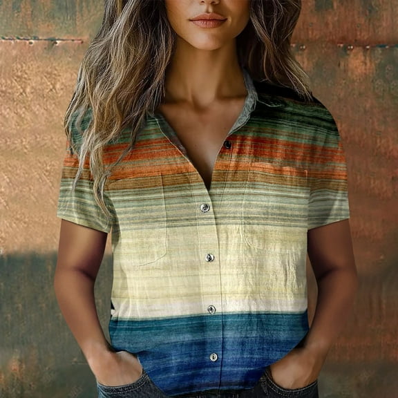 Bovemsi Women Cotton Shirt Printed Fashion Down Shirts Casual Tops Short Sleeve Blouse, Beige Women's Summer Shirts, M