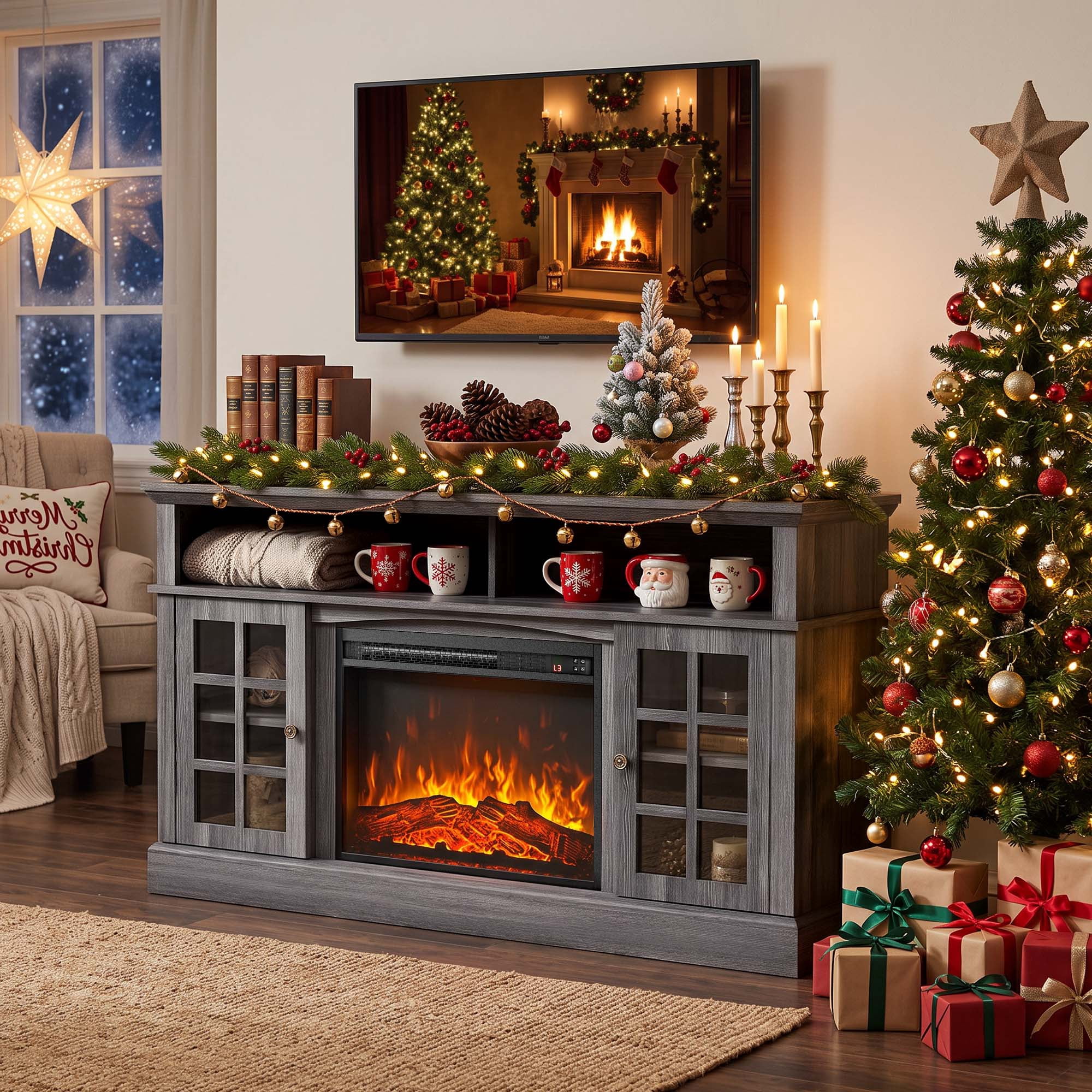 Chitooma Fireplace TV Stand for 75", Gray Farmhouse photo 8