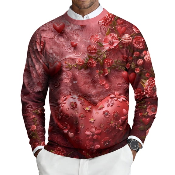 Valentine's Day Pullovers for Men Stretch Crewneck Pink Heart Pattern Sweaters Valentine's Day Pullover Gift