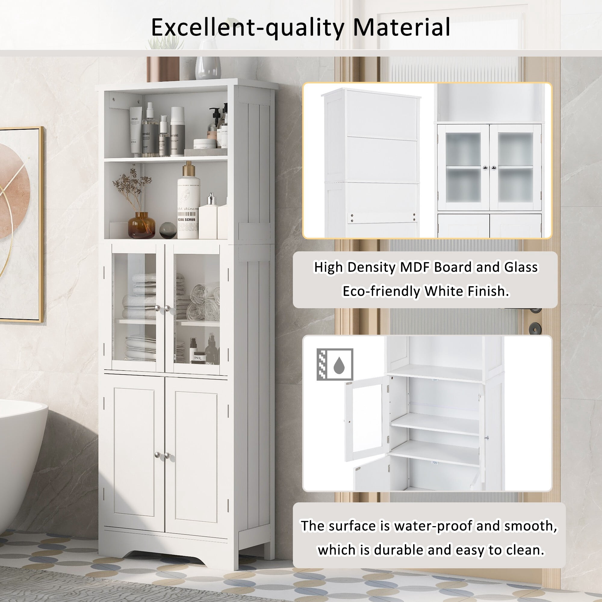 AENKYO Tall Storage Cabinet with Adjustable Shelves, Glass Doors, and Open Shelves, Bathroom or Kitchen, White