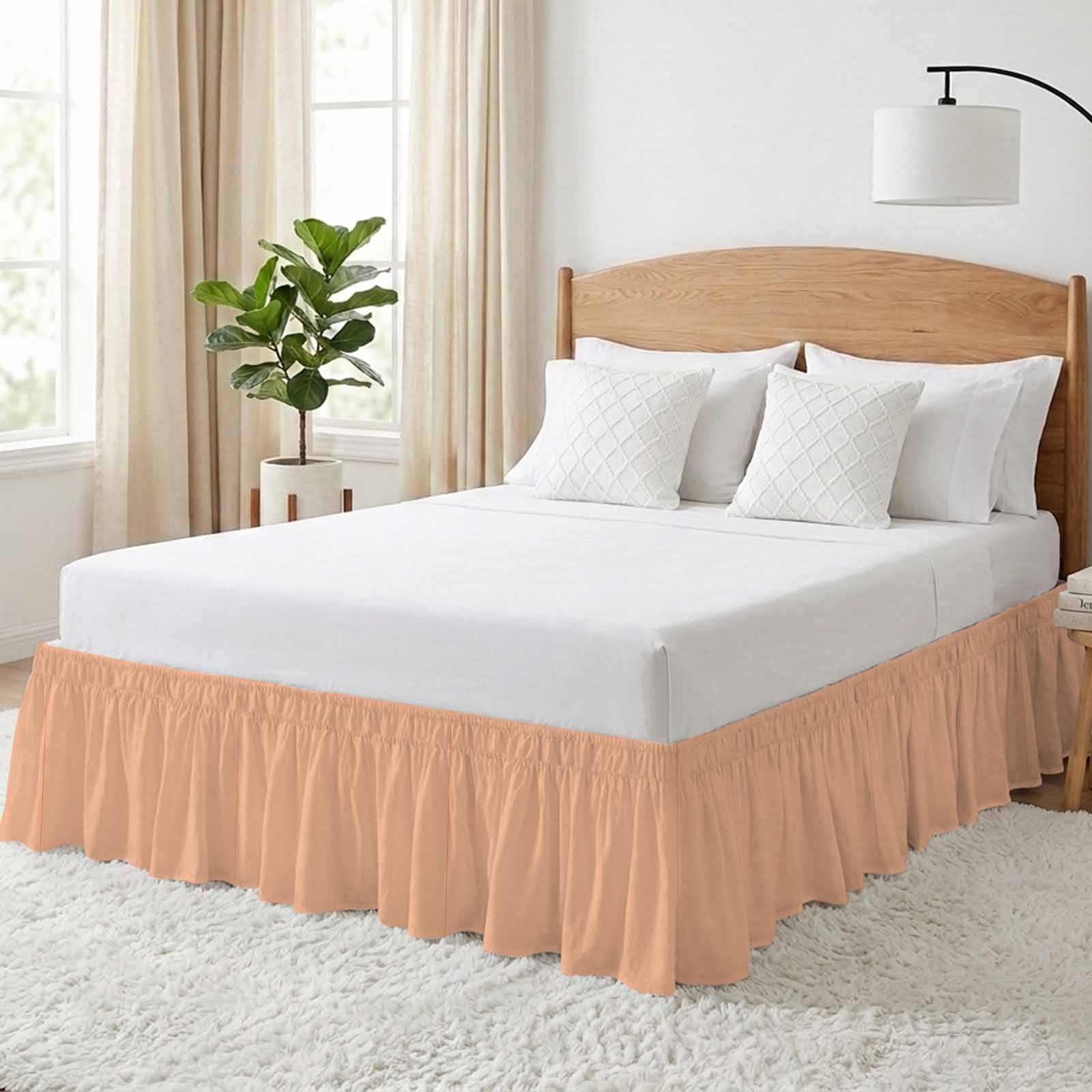 Bed Skirt Peach Fuzz Adjustable Elastic Wrap-Around Dust Ruffle with Coral 16 Inch Drop, Bed Frame Cover for Queen Size Bed