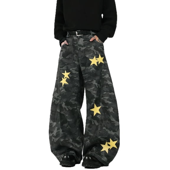 Luwomo Men Jeans Streetwear Retro Graphic Loose Wide Leg High Waist Trousers Male Denim Pants