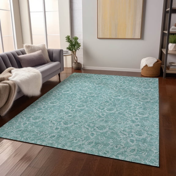 Addison Rugs Chantille Indoor/Outdoor Transitional Floral Teal Washable Rectangle Rug, 5' x 7'6"
