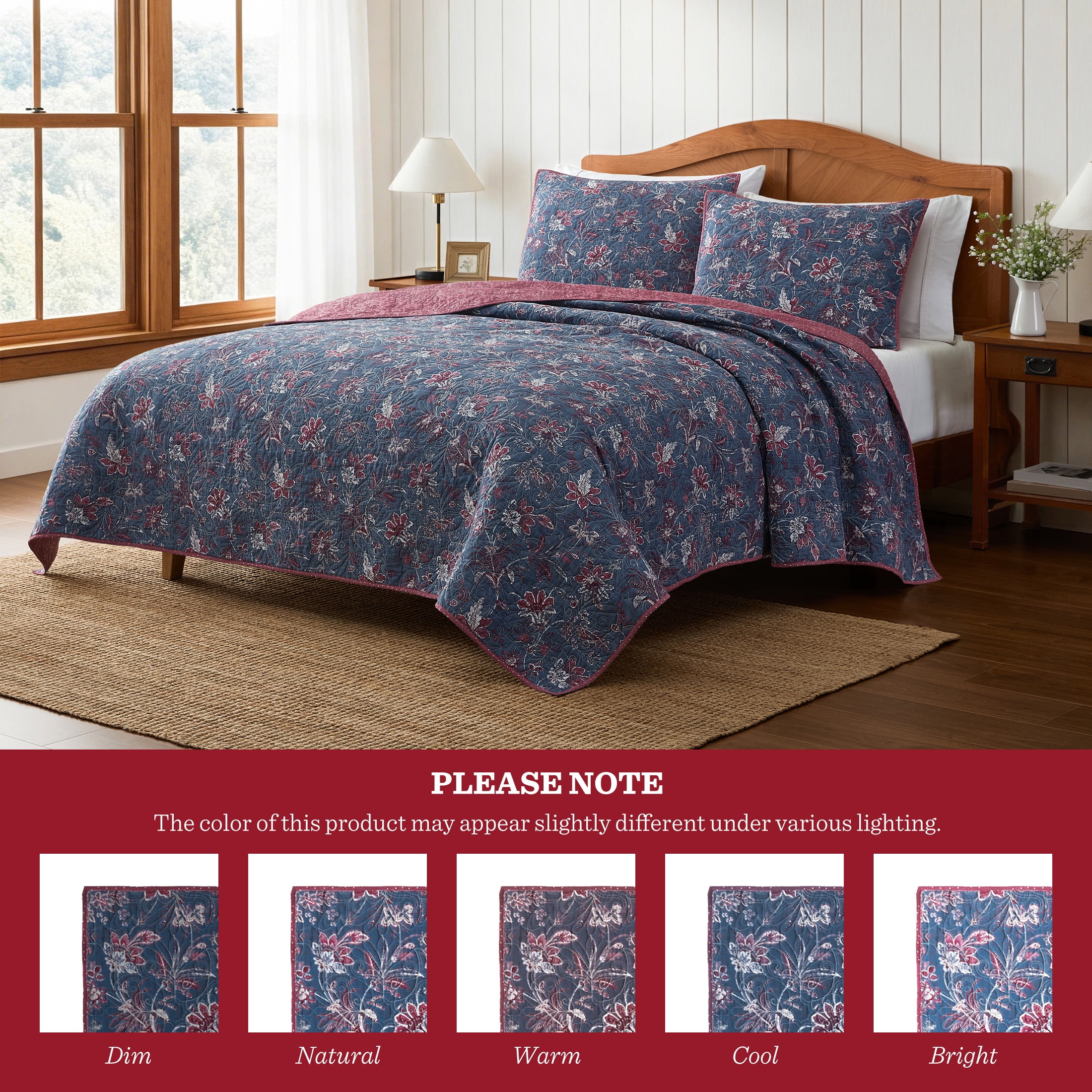 Country Home Queen Quilt Set, 100% Cotton & Reversible, Americana Floral Print, 3-Piece